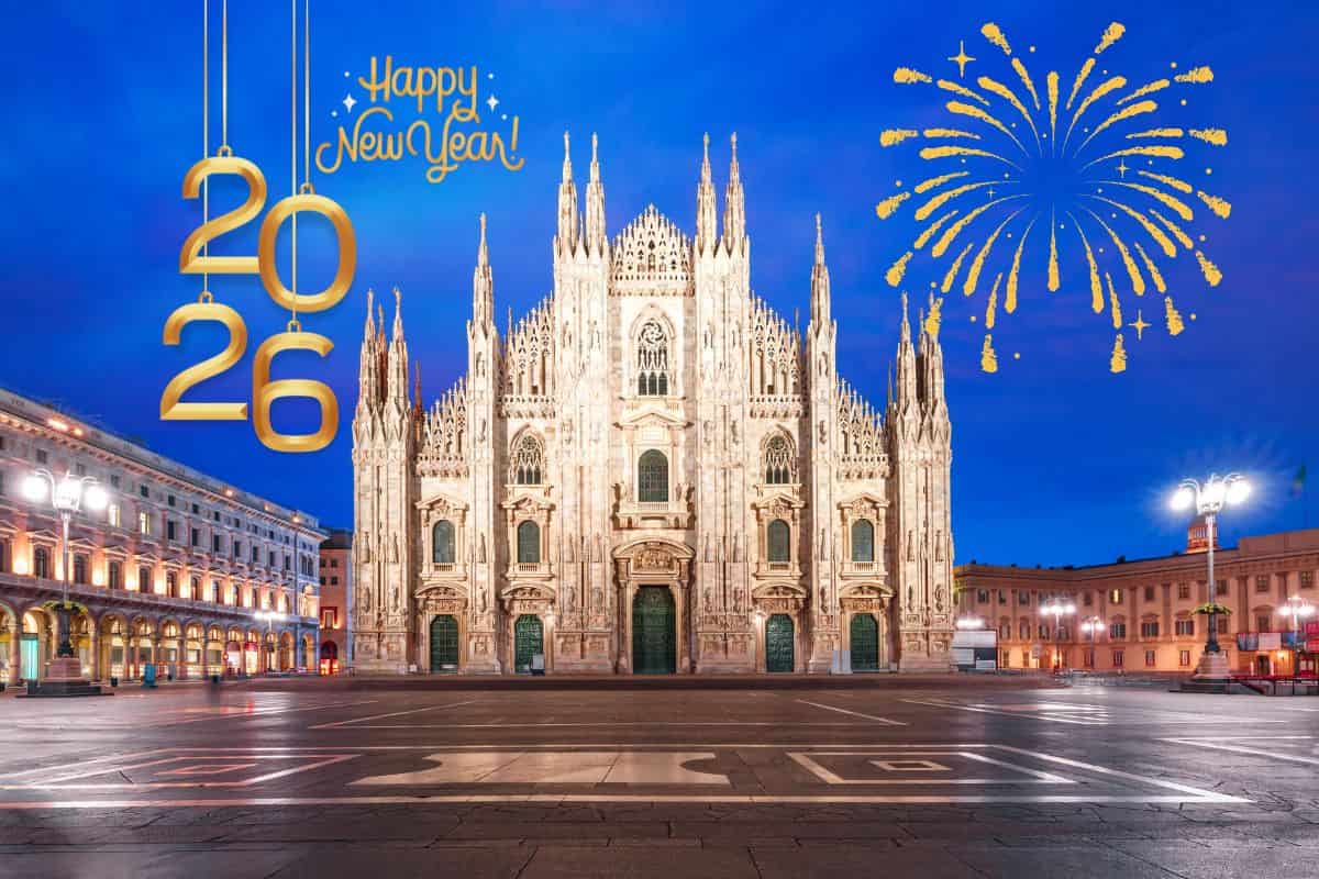 duomo milano con fuochi d'artificio e scritta 2026 happy new year
