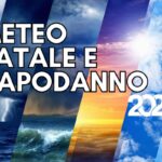 strisce con vario meteo e scritta meteo natale e capodanno 2026 con palline natale che scendono dalla parola natale
